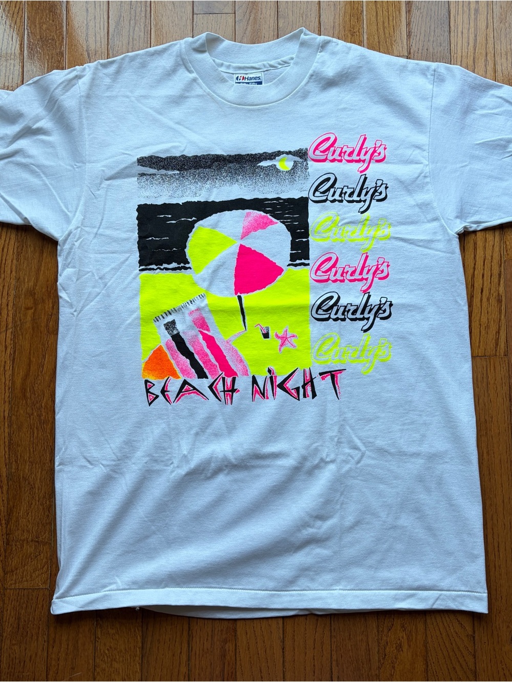 VTG Curly's Beach Night Tee-1990s Hanes L 50/50 Single Stitch USA 90s Surf Beach